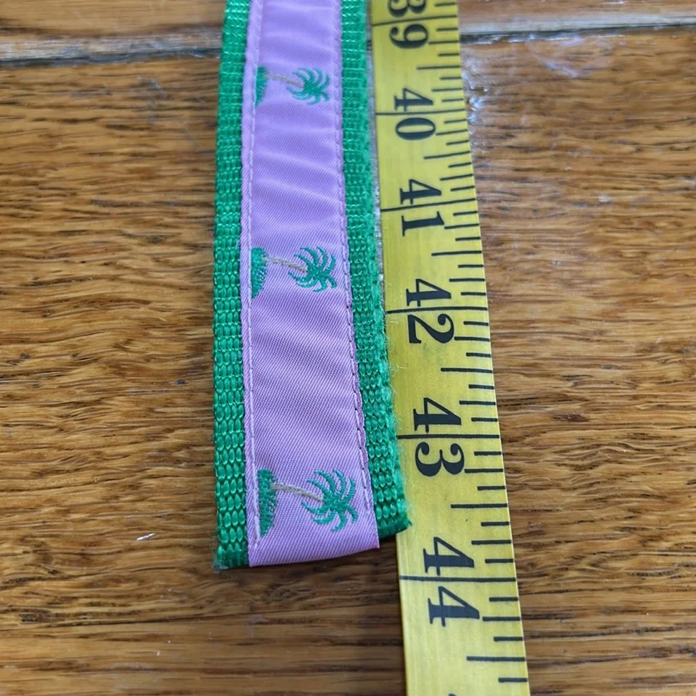 Leather Man webbing belt, green with pink ribbon, palm trees.  Size Large.